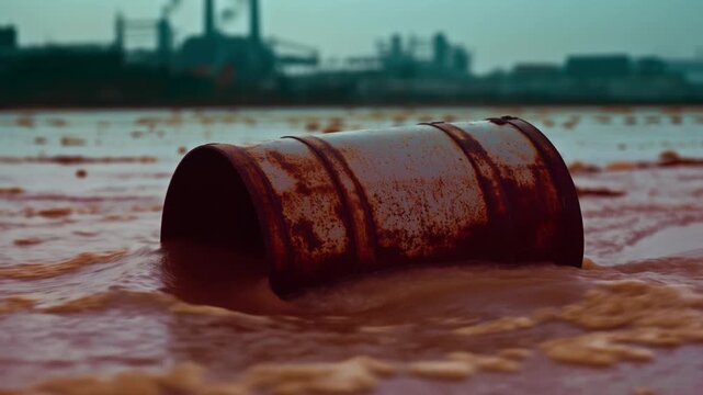 Water flows around a rusted drainage pipe in an industrial shoreline channel