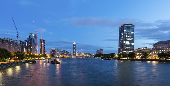 View from Lambeth bridge, skyscrapers next to the River Thames, twilight, districts of Millbank and Vauxhall, London, England, Great Britain