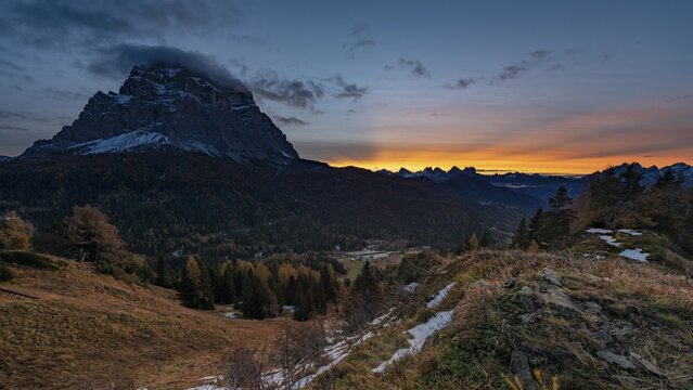 Peak of Monte Pelmo at sunrise with autumn landscape, Colle Santa Lucia, Val Fiorentina, Dolomites Italy