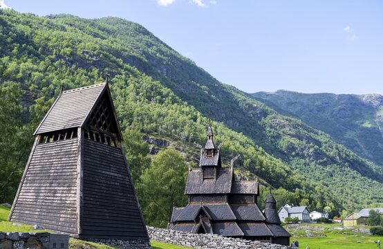 Borgund Stave Church and Bell Tower, Romanesque church from ca. 1180, Vestland, Norway