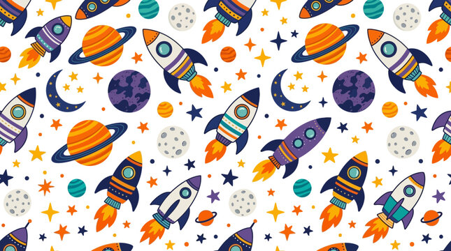 Cute Space Rockets Seamless Pattern, Planets, Stars, Moon - Kids Vector Art