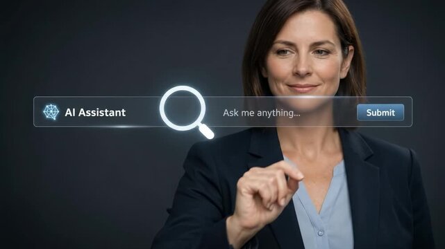 Businesswoman pointing at floating AI assistant search bar with magnifying glass in office