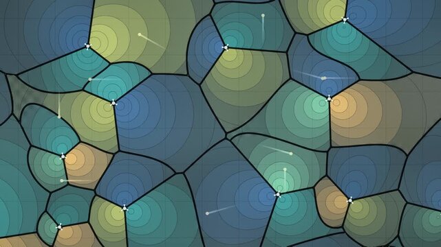 Cellular Coverage Prediction Map With Three-Sector Base Stations and Handover Trails, Seamless Loop in cool teal tones