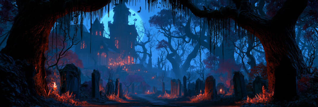halloween background with haunted house in woods