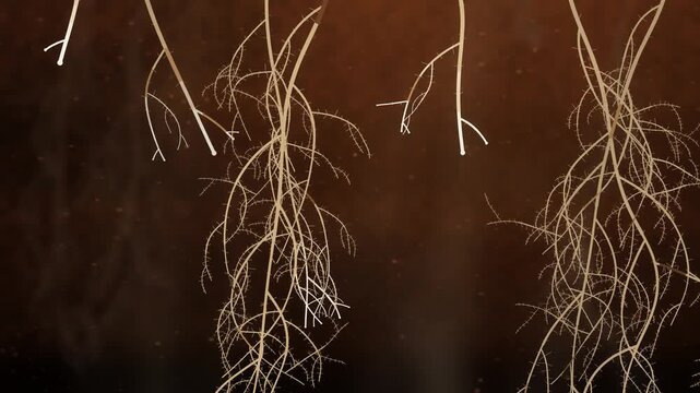Plant roots branching and spreading downward through dark soil underground seamless loop in soft clay tones