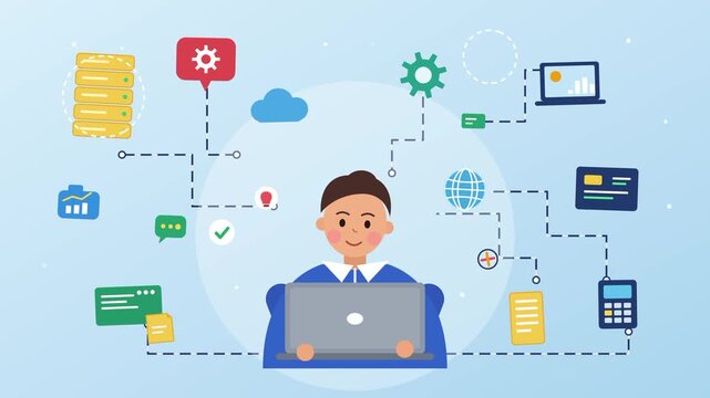 Young professional working on laptop with digital workflow icons and network connections.