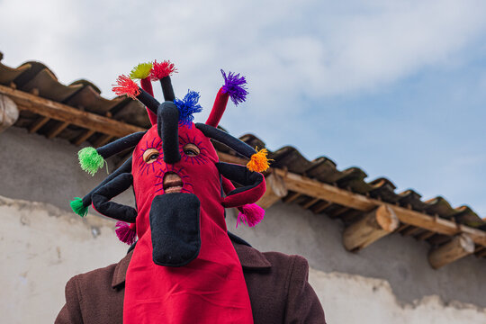Portrait of man wearing traditional colorful Aya Huma mask during Andean festival in Ecuador
