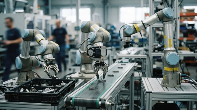 Collaborative robot arms, vision camera, parts tray, servo motors, and grippers around a conveyor section for smart manufacturing and factory automation.