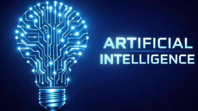 Glowing blue circuit board in the shape of a lightbulb beside artificial intelligence text