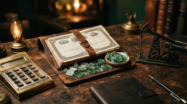 trading desk with share certificates, calculator, green chips, and miniature pump jack
