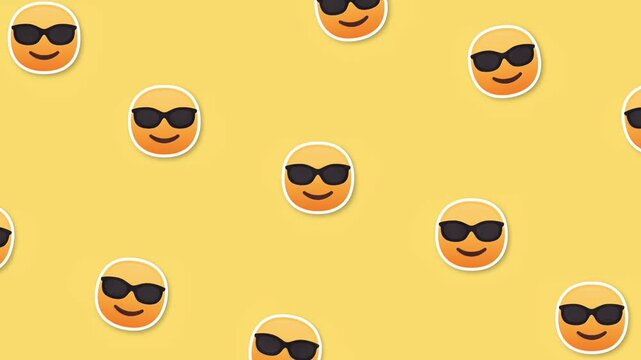 Fun Seamless Pattern of Cool Smiling Face Emojis with Sunglasses on a Bright Yellow Background