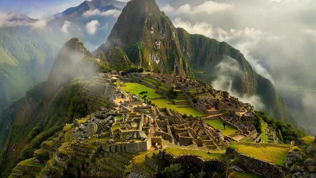 Ancient Ruins Nestled among Misty Mountains at Sunrise with Cinematic Golden Light and Dramatic Cloudscape