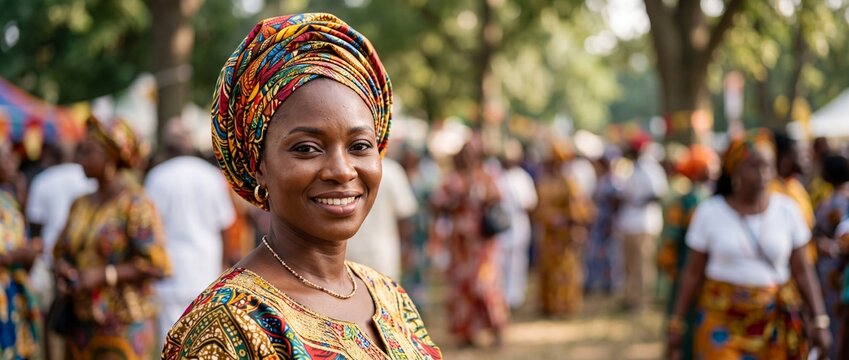 Mulher negra usando turbante colorido de estampa africana, retrato digno, celebra&ccedil;&atilde;o cultural, espa&ccedil;o para texto
