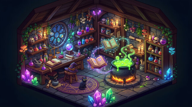 Isometric witch cottage interior featuring magic potions books crystals and bubbling cauldron for fantasy role playing game assets.