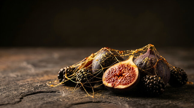 Luxurious arrangement of ripe figs and blackberries delicately draped with golden spun sugar, presented on textured dark stone surface for a gourmet food concept.