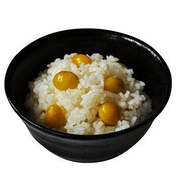 銀杏ご飯 1杯の切り抜き。ほくほくのぎんなんともちもちの白米を合わせた家庭料理の和食素材 俯瞰