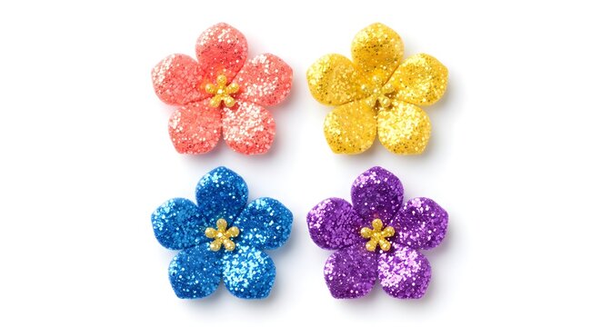 Four Colorful Five-Petal Glitter Flower Stickers in 2x2 Layout