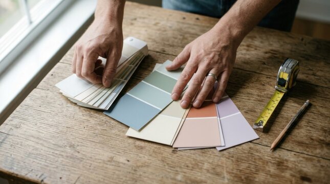 Hands arranging paint color swatches and a fan deck beside a tape measure for a home renovation project.