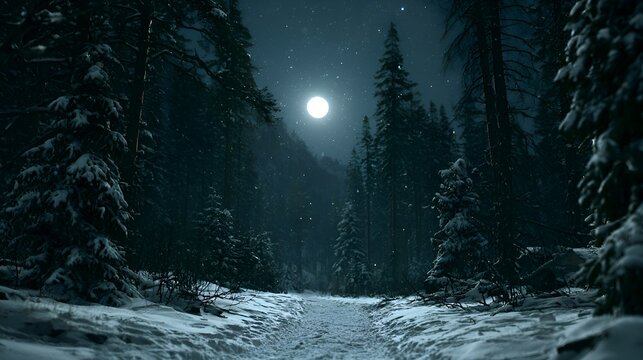 Snowy forest path under a full moon and starry night sky with falling snow