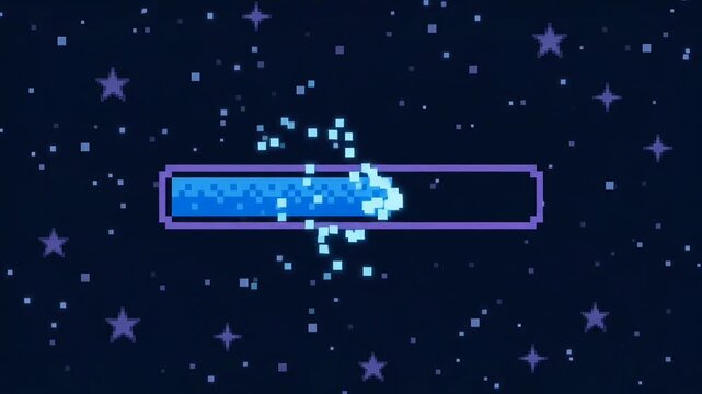 Retro pixel art loading progress bar filling up with digital particle effects against a dark starry night background