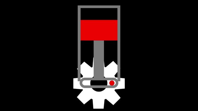 Graphic animation of a mechanical piston engine with white gear on black background. Ideal for engineering and automotive concepts.