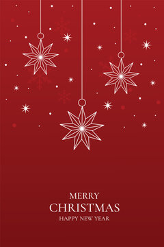 Vertical red Christmas greeting card background with single hanging snowflake ornament and typography