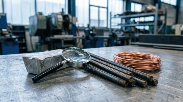 Base metals outlook with aluminum ingot, steel rebar, copper wire coil, magnifying glass, and brushed metal surface