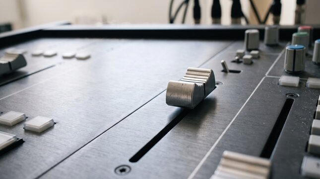 Mixing console with fader and metal knobs for audio control and sound mixing. Close-up view of metal knobs and fader on mixing console, ideal for audio production and sound engineering.
