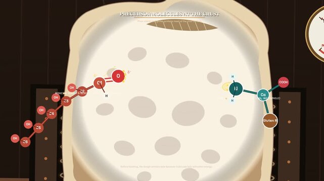 2D animation detailing the Maillard reaction in toasting bread, illustrating chemical processes like nucleophilic condensation, Amadori rearrangement, and melanoidin polymerization forming a crust