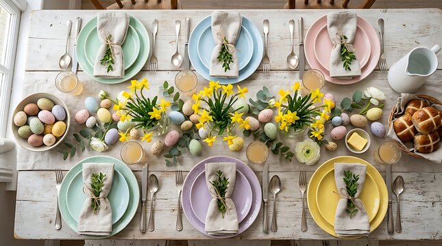 Colorful Easter Table Setting with Floral Centerpieces