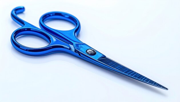 Blue scissors on white background for grooming and cutting.