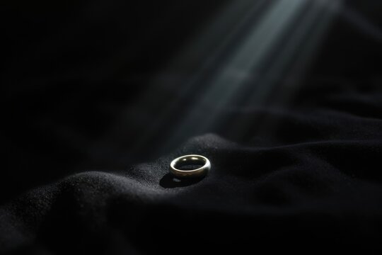 Silberner Ring auf dunklem Samt im einfallenden Licht als Symbol f&uuml;r Trauer und stille Erinnerung