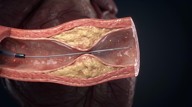 Medical Illustration of Catheter Crossing Severe Arterial Stenosis Caused by Atherosclerotic Plaque