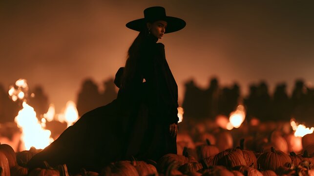 Mysterious woman in black dress and hat in pumpkin patch with fires at night