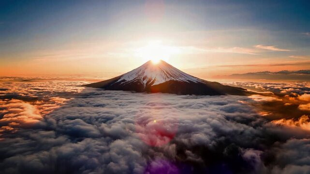 Fujii Peak Rising Above Sea of Clouds during Golden Sunrise with Soft Light and Serene Ambiance