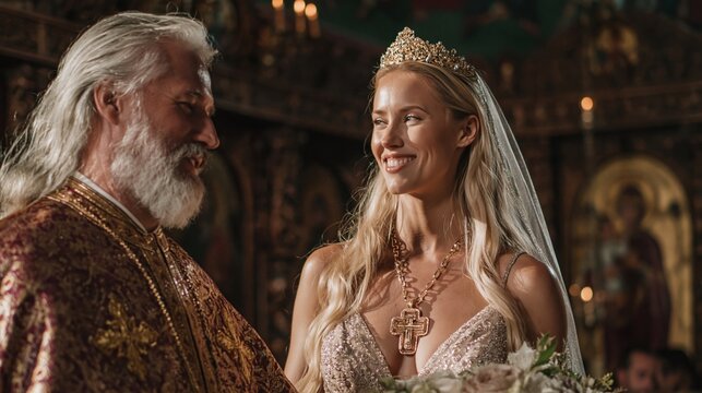 Priest in ornate vestments smiling at bride wearing crown and veil in candlelit church. Orthodox wedding crowning ceremony. Religious marriage ritual. Bridal portrait with cross necklace.