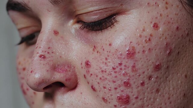 Young woman displays severe facial acne with inflamed red pimples across cheeks during close macro examination. Serious female person turns head slowly while showing sensitive skin blemishes.