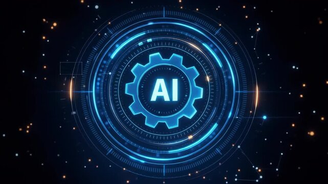 Glowing neon blue artificial intelligence circular emblem with gear cog and futuristic lens flare