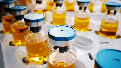 Medical Vaccine Vials in Tray With Yellow Serum Ready for Laboratory Use and Distribution © S.Gvozd