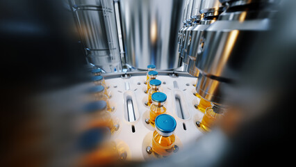 Automated Vaccine Vials on Sterile Pharmaceutical Filling Line in Modern Biotech Factory © S.Gvozd