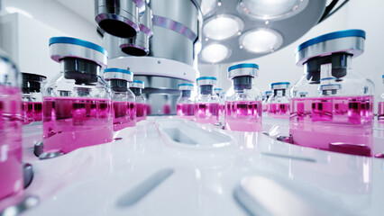 Sterile Vaccine Vials With Pink Solution On Automated Production Line In Modern Laboratory © S.Gvozd