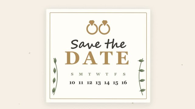 Save the date wedding invitation animation with elegant card opening, two rings linking, heart circled calendar and leaves