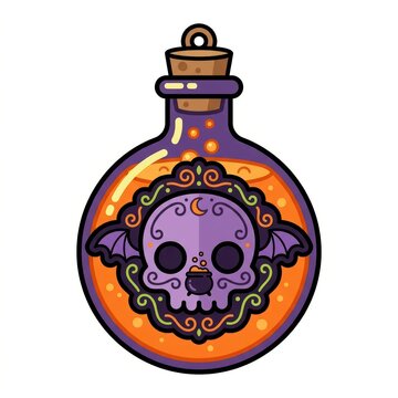 Purple potion bottle with sugar skull design and orange liquid