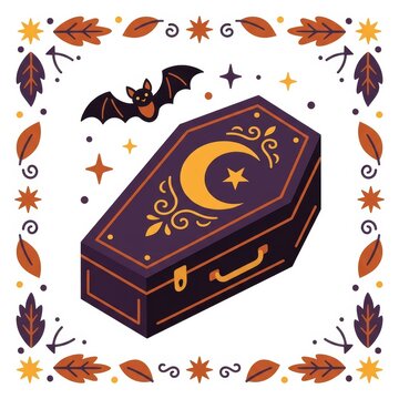 Decorative coffin with crescent moon design surrounded by autumn leaves and bat