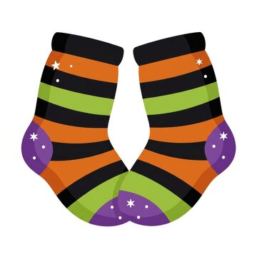 Halloween-themed socks with orange, black, green, and purple stripes and star patterns