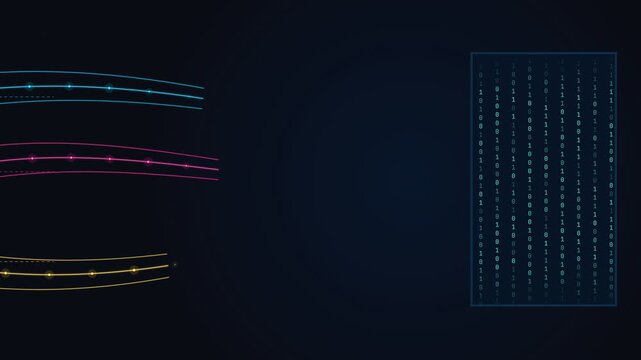 Binary code matrix block and glowing network connection lines illustrating data processing, cybersecurity, and information technology concepts.