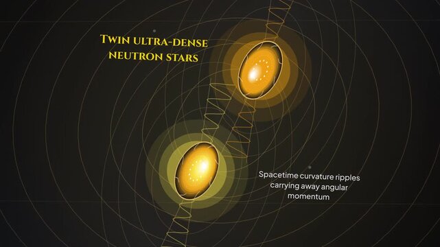 Animation detailing the r-process of gold creation through the collision of twin ultra-dense neutron stars, demonstrating rapid neutron capture, beta decay, and the resulting radioactive kilonova