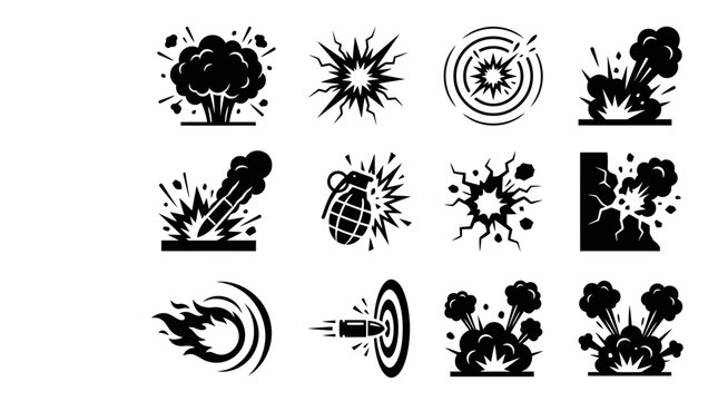 Comic style explosion, grenade, and missile silhouette icons.