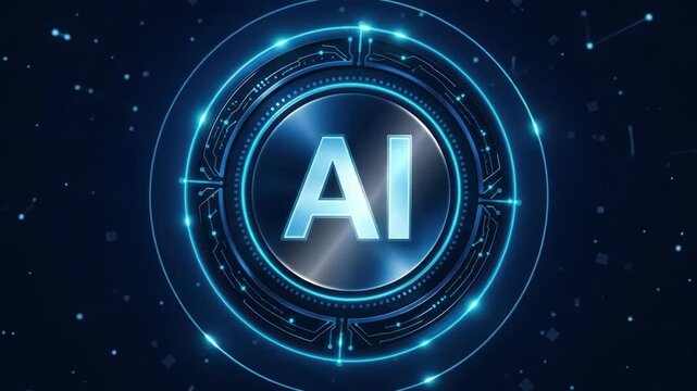 Glowing circular tech ring HUD display with central artificial intelligence typography on dark backdrop