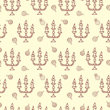 Seamless pattern with hand drawn vintage candle holders and candles on a light yellow background